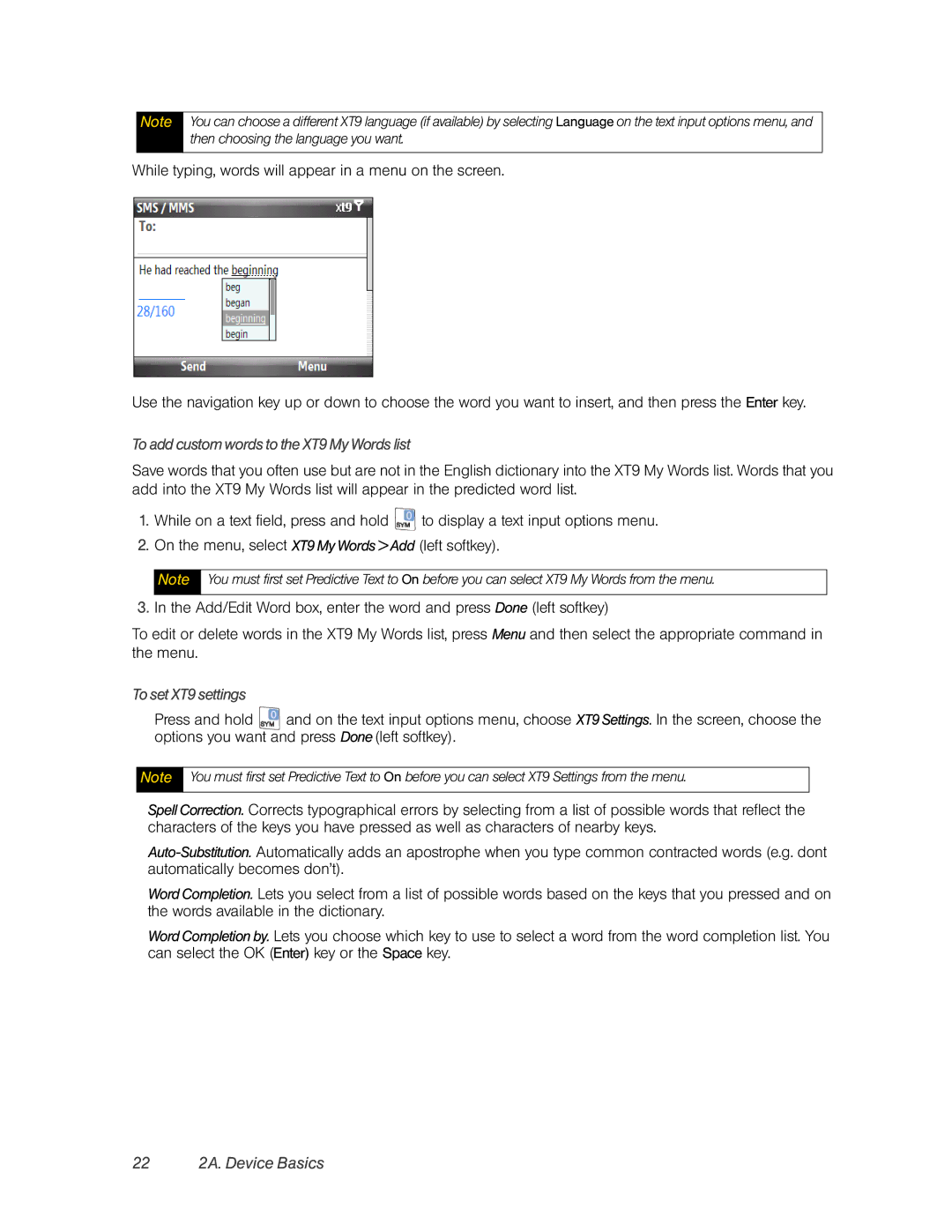 HTC HTC Snap, CEDA200 manual 22 2A. Device Basics, To add custom words to the XT9 My Words list, To set XT9 settings 