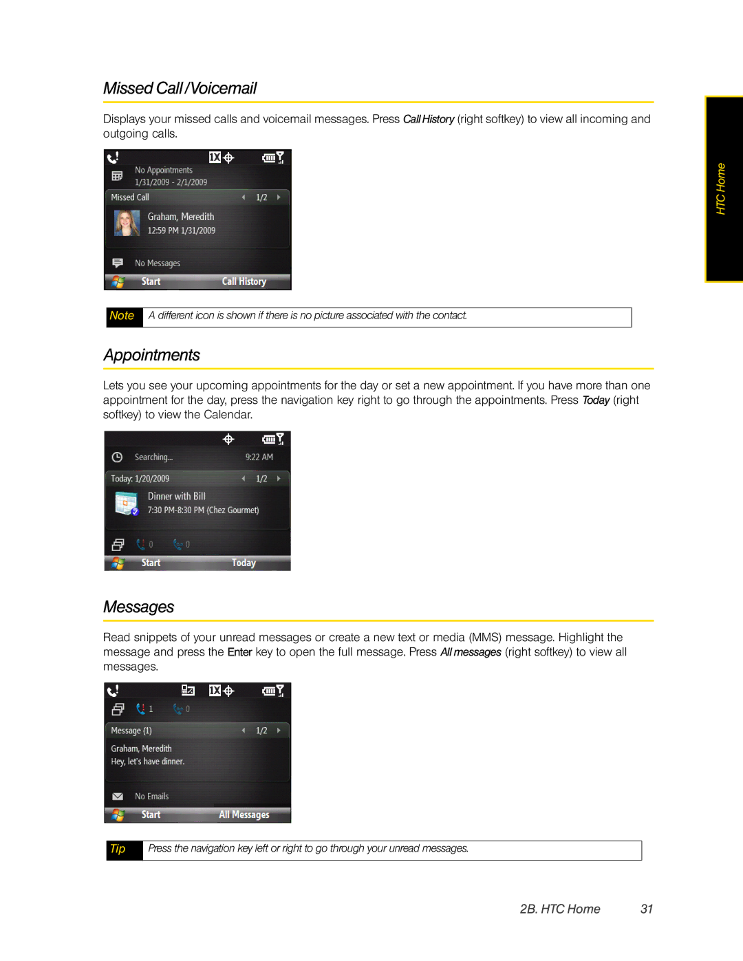 HTC CEDA200, HTC Snap manual Missed Call/Voicemail, Appointments, Messages, 2B. HTC Home 