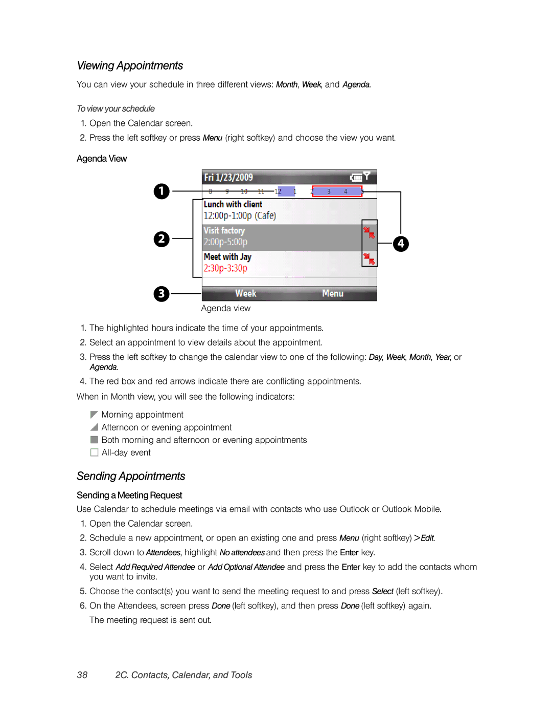 HTC HTC Snap, CEDA200 manual Viewing Appointments, Sending Appointments, AgendaView, SendingaMeetingRequest 