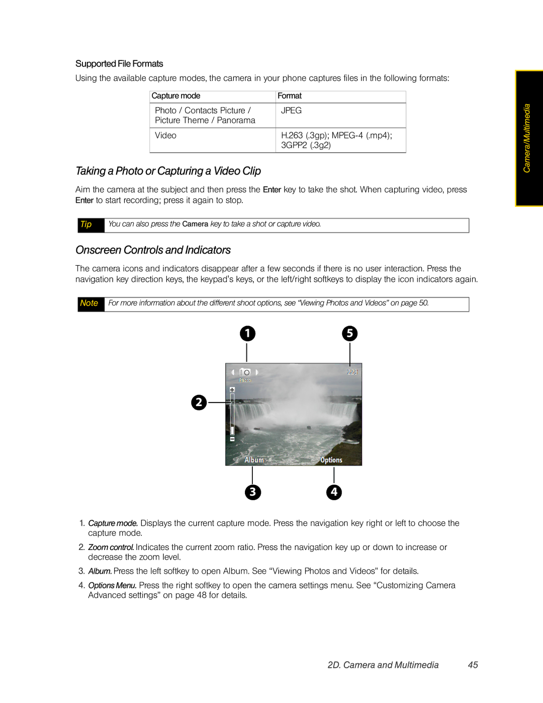 HTC CEDA200, HTC Snap Taking a Photo or Capturing a Video Clip, Onscreen Controls and Indicators, SupportedFileFormats 