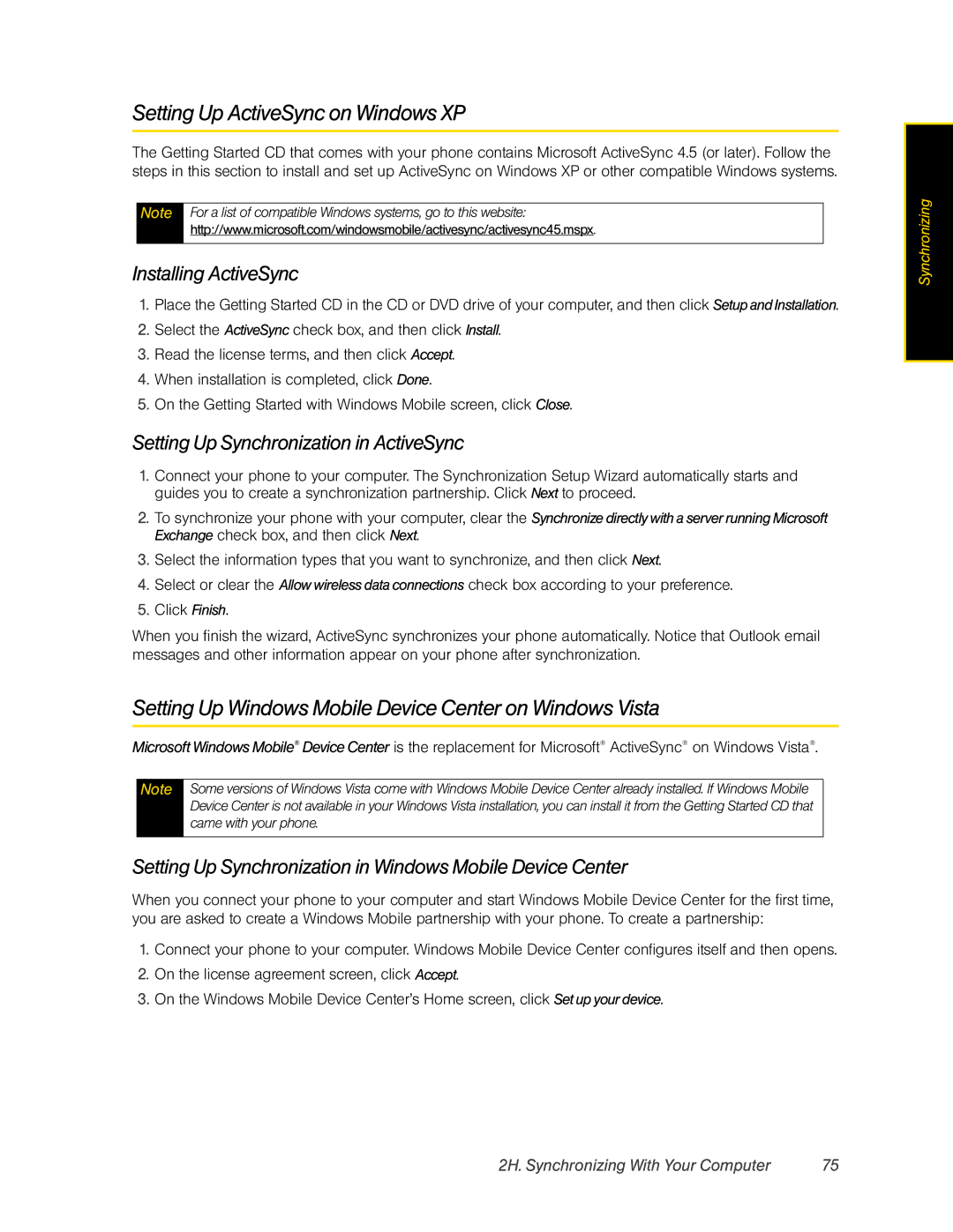 HTC CEDA200, HTC Snap manual Setting Up ActiveSync on Windows XP, Setting Up Windows Mobile Device Center on Windows Vista 