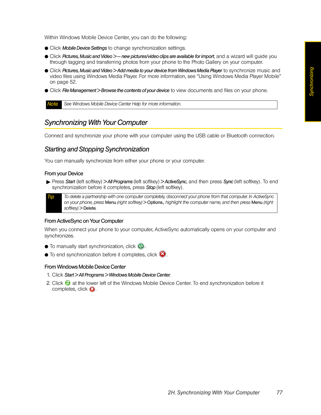 HTC CEDA200, HTC Snap manual Synchronizing With Your Computer, Starting and Stopping Synchronization, From yourDevice 