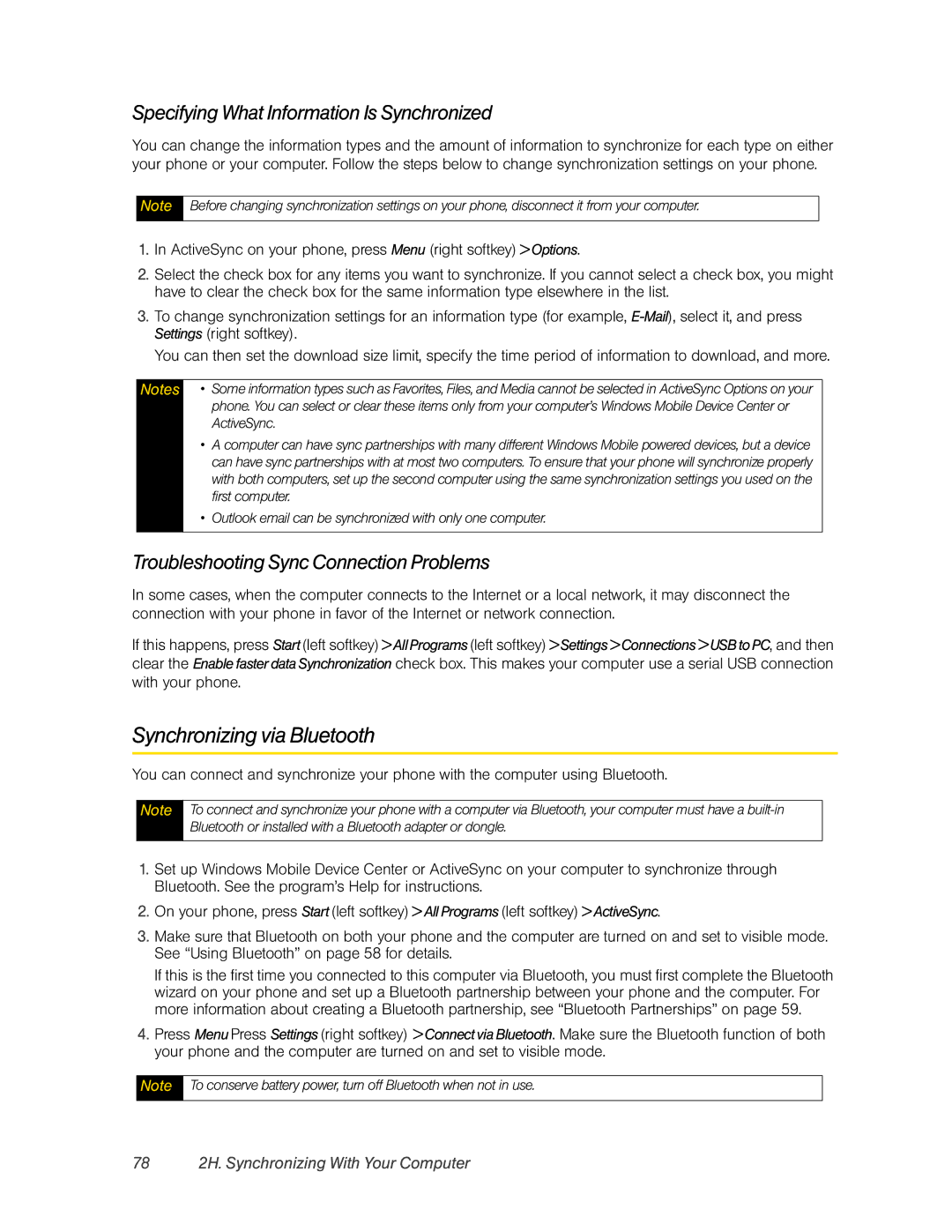 HTC HTC Snap, CEDA200 manual Synchronizing via Bluetooth, Specifying What Information Is Synchronized 