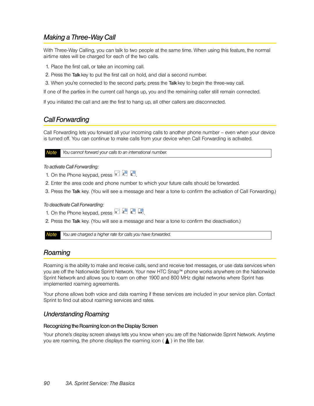 HTC HTC Snap manual Making a Three-Way Call, Call Forwarding, Understanding Roaming, 90 3A. Sprint Service The Basics 