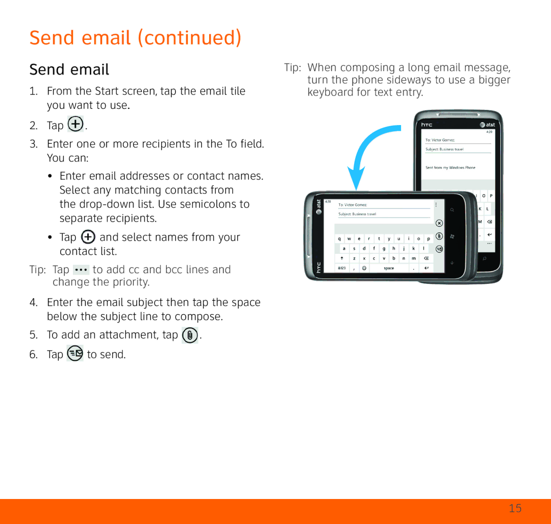 HTC HTC Surround quick start Send email, Tip Tap to add cc and bcc lines and change the priority 