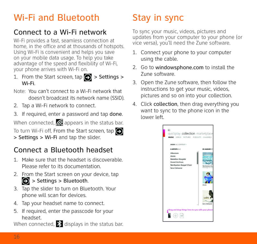 HTC HTC Surround quick start Wi-Fi and Bluetooth, Stay in sync, Connect to a Wi-Fi network, Connect a Bluetooth headset 