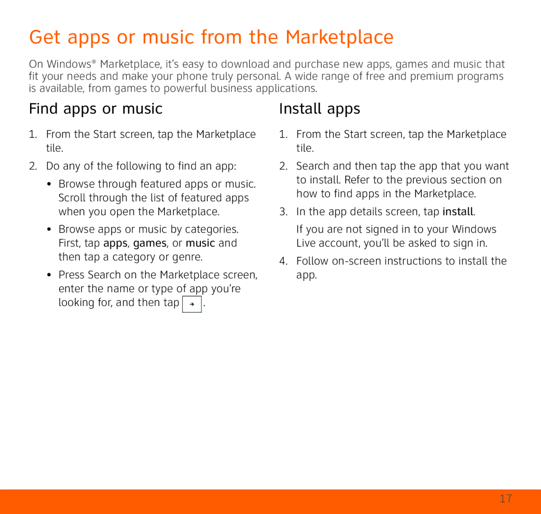 HTC HTC Surround quick start Get apps or music from the Marketplace, Find apps or music, Install apps 