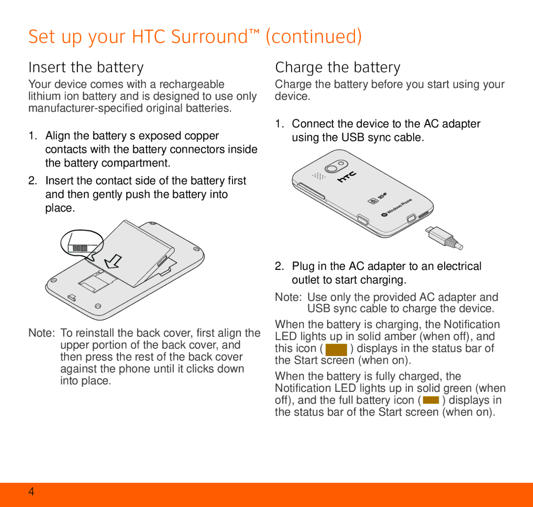 HTC HTC Surround quick start Insert the battery, Charge the battery before you start using your device 