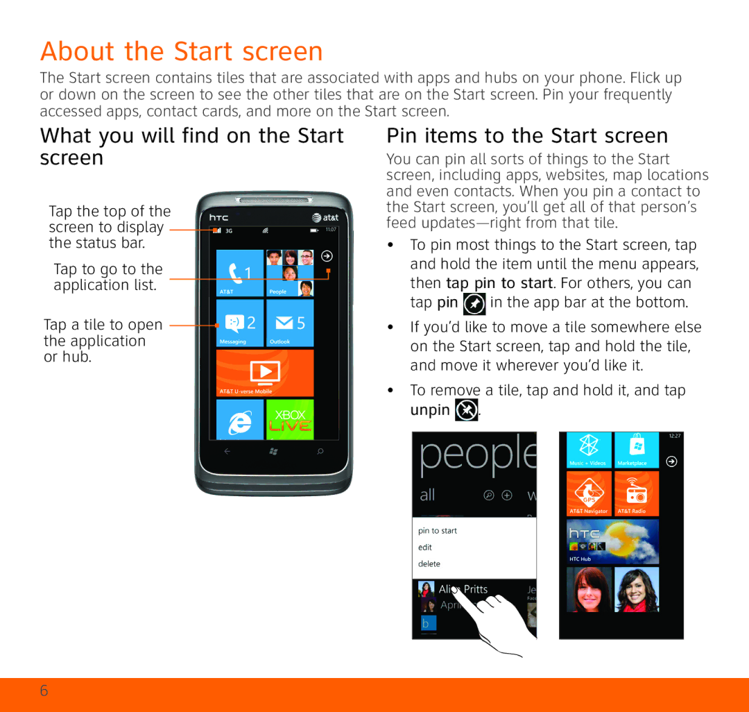 HTC HTC Surround quick start About the Start screen, What you will find on the Start screen, Pin items to the Start screen 