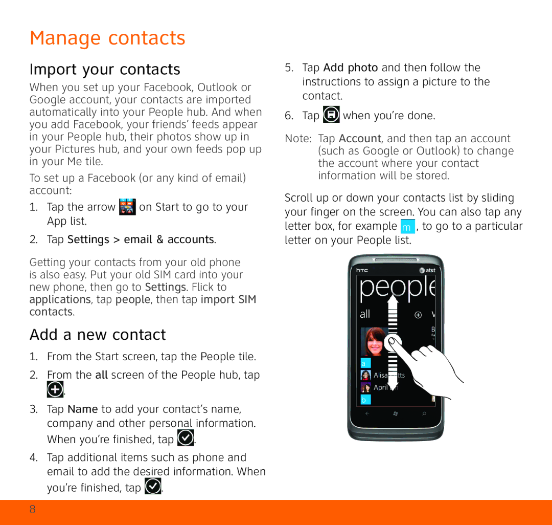 HTC HTC Surround quick start Manage contacts, Import your contacts, Add a new contact 