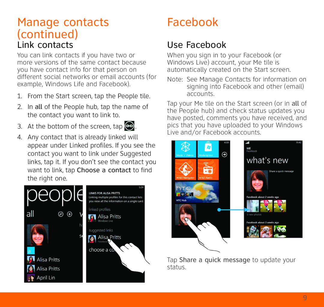 HTC HTC Surround quick start Link contacts, Use Facebook, Tap Share a quick message to update your status 
