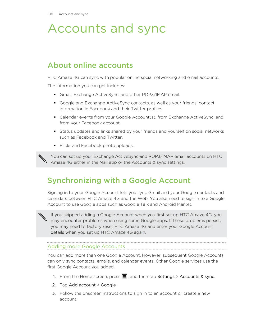 HTC HTCAmaze4GUnlockedBlack manual Accounts and sync, About online accounts, Synchronizing with a Google Account 