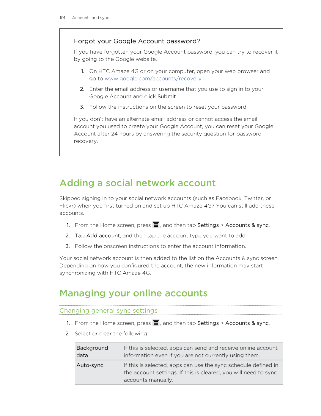 HTC HTCAmaze4GUnlockedBlack Adding a social network account, Managing your online accounts, Changing general sync settings 