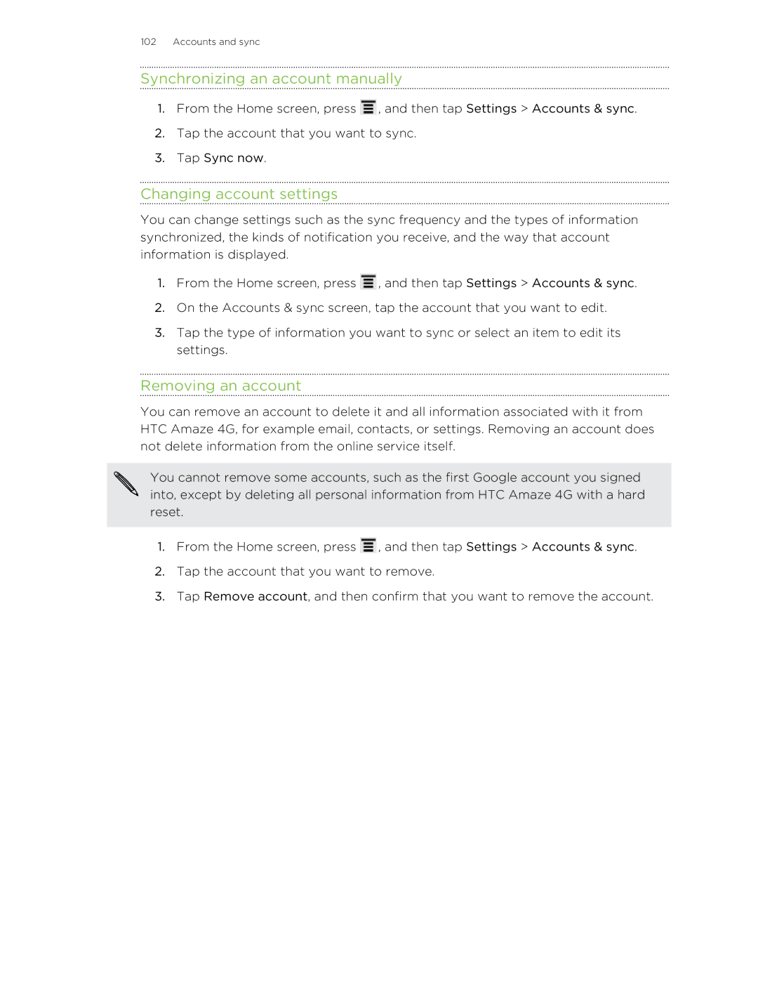 HTC HTCAmaze4GUnlockedBlack Synchronizing an account manually, Changing account settings, Removing an account 