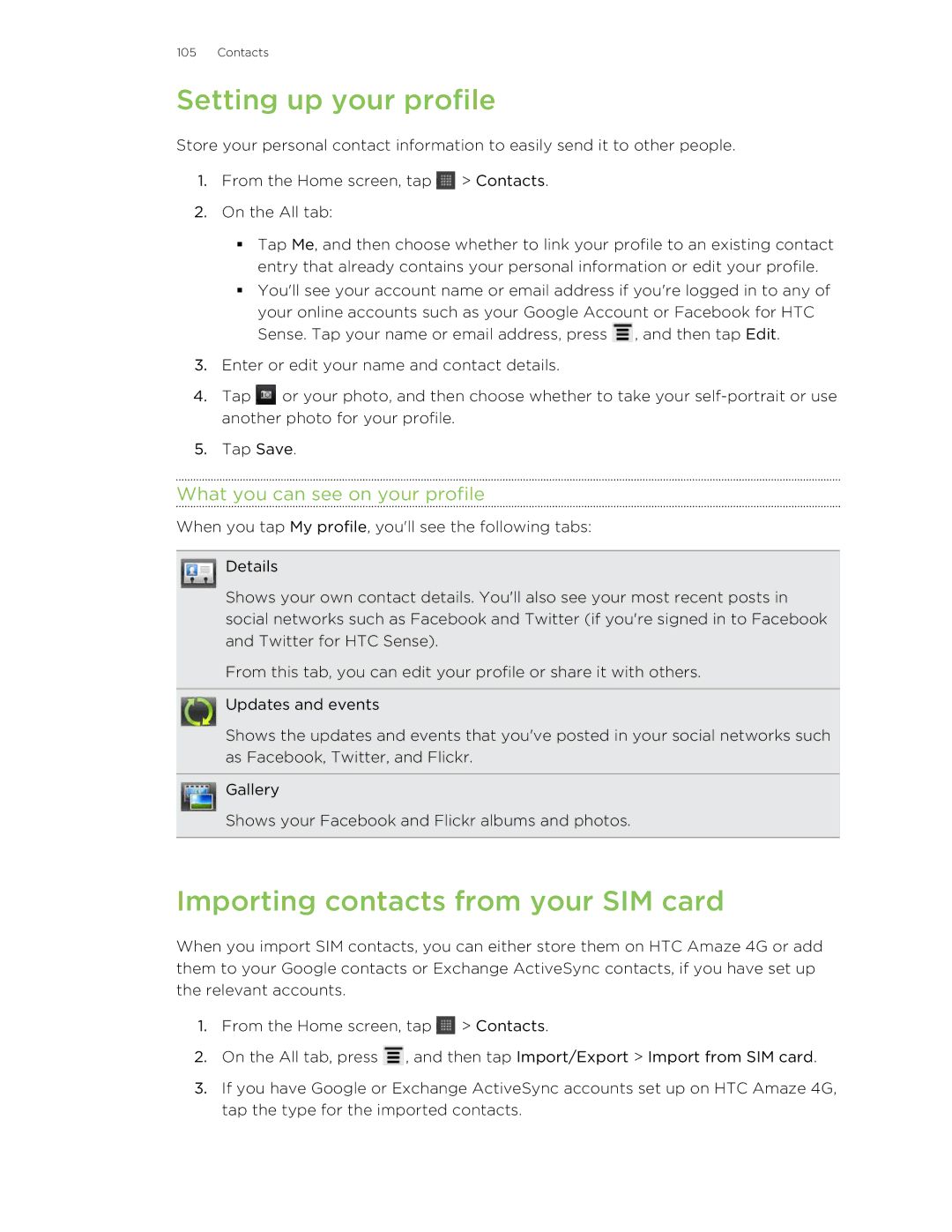 HTC HTCAmaze4GUnlockedBlack manual Setting up your profile, Importing contacts from your SIM card 