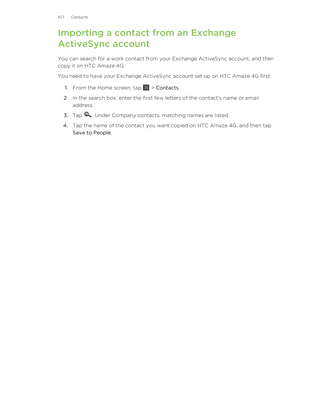 HTC HTCAmaze4GUnlockedBlack manual Importing a contact from an Exchange ActiveSync account 