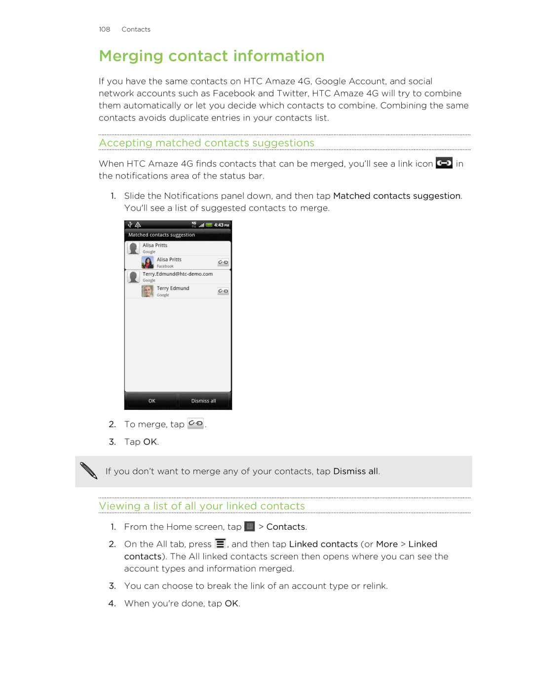 HTC HTCAmaze4GUnlockedBlack manual Merging contact information, Accepting matched contacts suggestions 