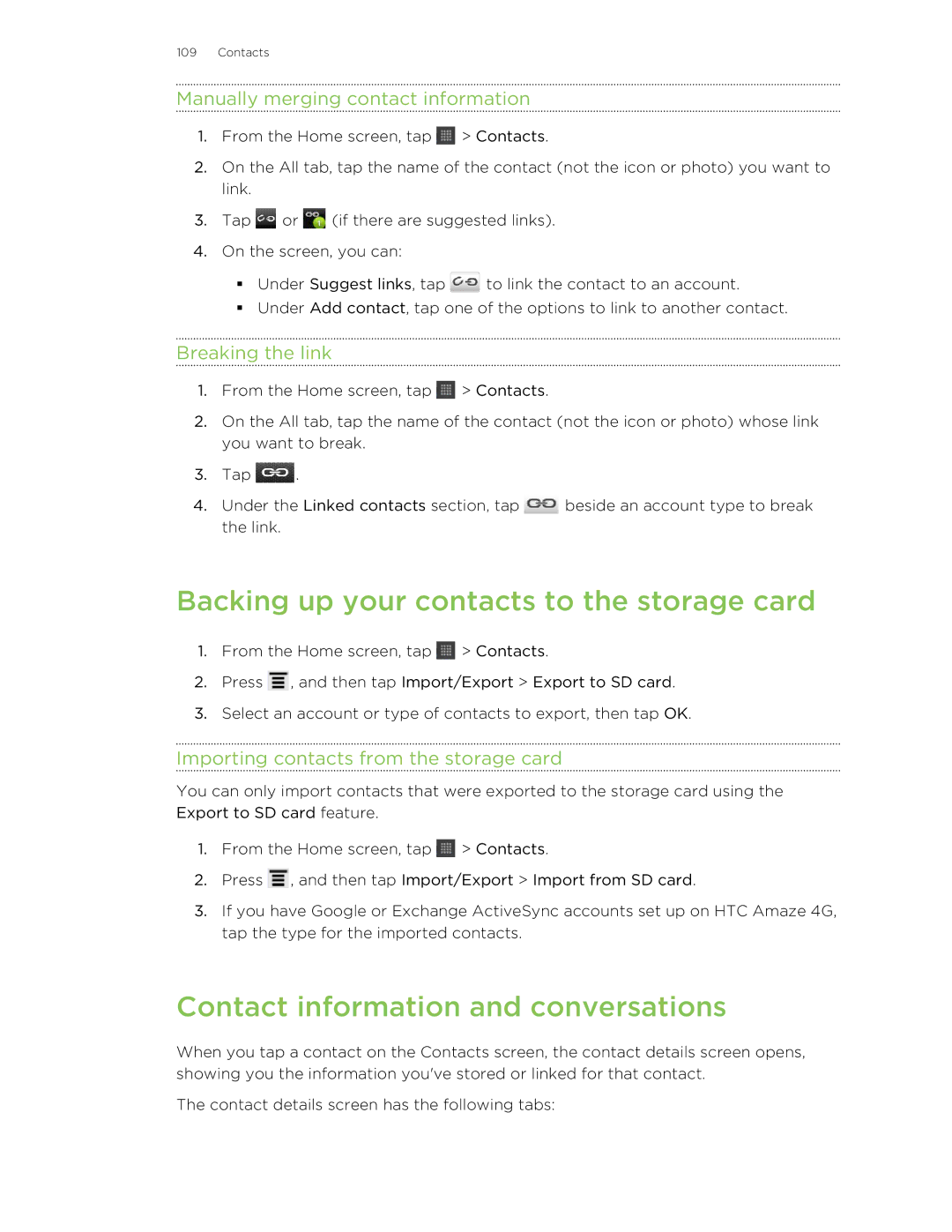 HTC HTCAmaze4GUnlockedBlack manual Backing up your contacts to the storage card, Contact information and conversations 