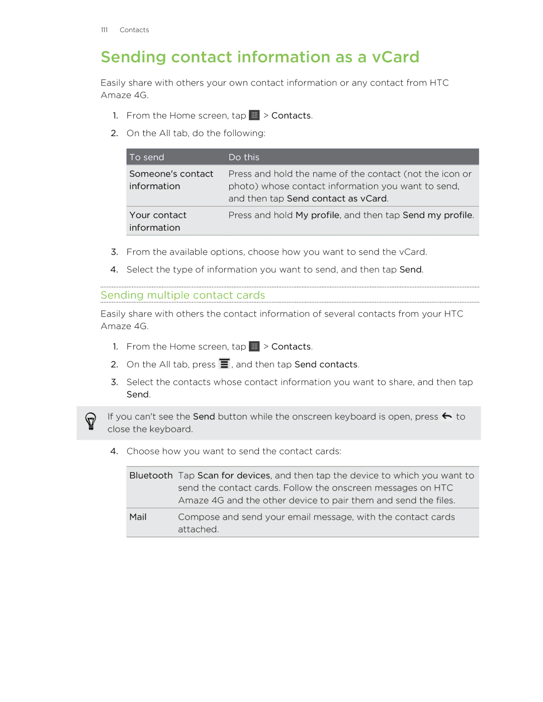 HTC HTCAmaze4GUnlockedBlack manual Sending contact information as a vCard, Sending multiple contact cards 