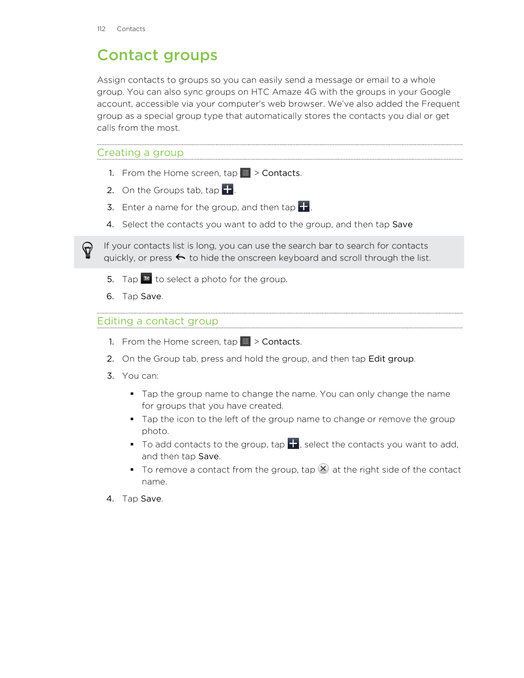 HTC HTCAmaze4GUnlockedBlack manual Contact groups, Creating a group, Editing a contact group 