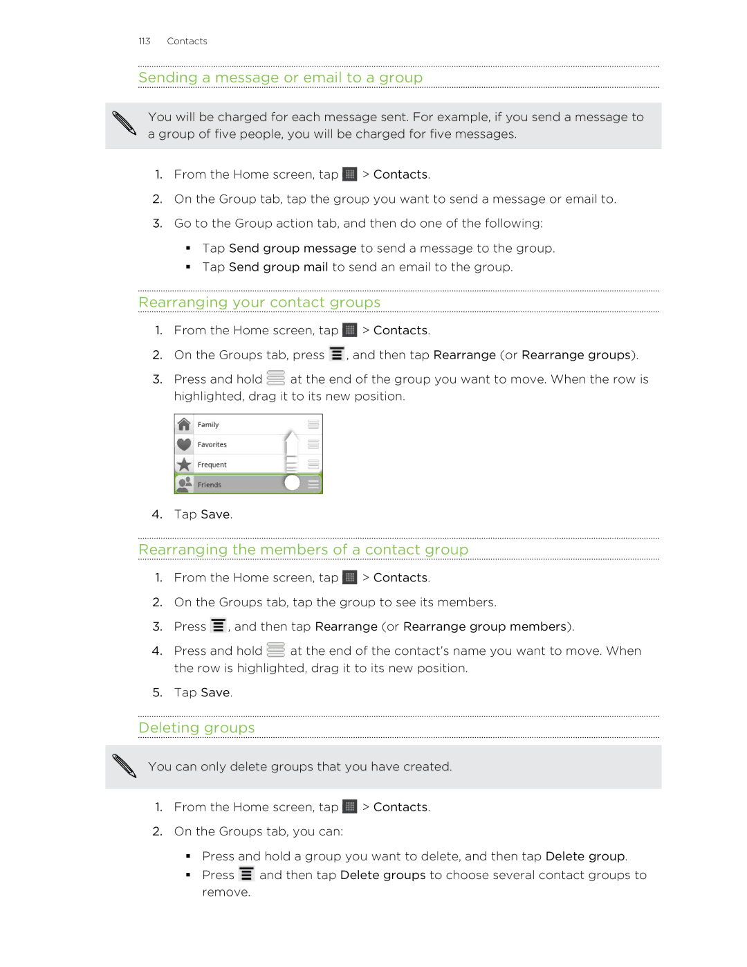 HTC HTCAmaze4GUnlockedBlack manual Sending a message or email to a group, Rearranging your contact groups, Deleting groups 