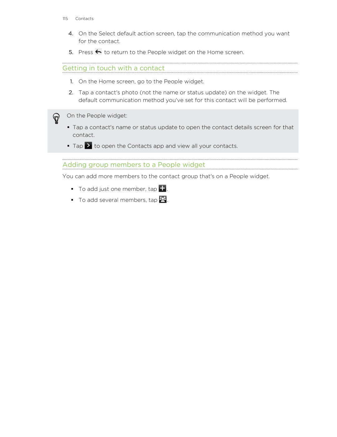 HTC HTCAmaze4GUnlockedBlack manual Getting in touch with a contact, Adding group members to a People widget 