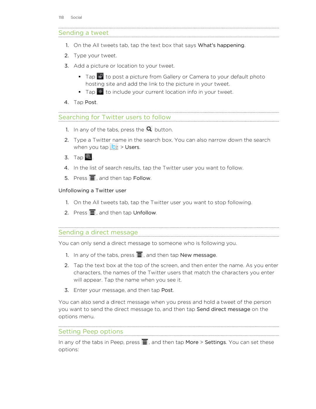 HTC HTCAmaze4GUnlockedBlack manual Sending a tweet, Searching for Twitter users to follow, Sending a direct message 