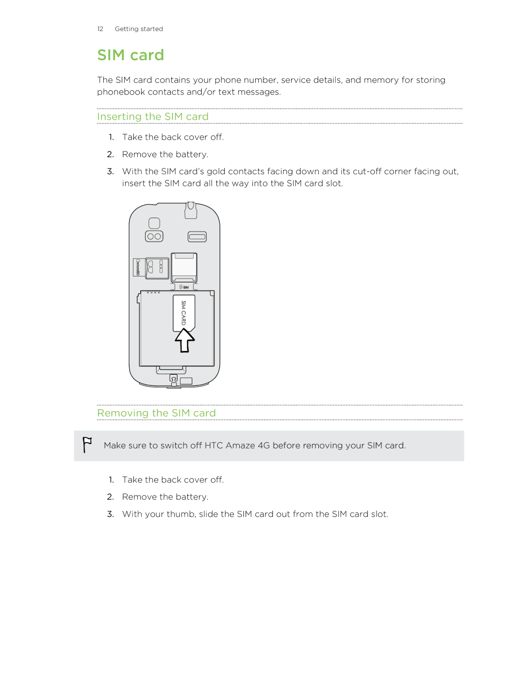 HTC HTCAmaze4GUnlockedBlack manual Inserting the SIM card, Removing the SIM card 