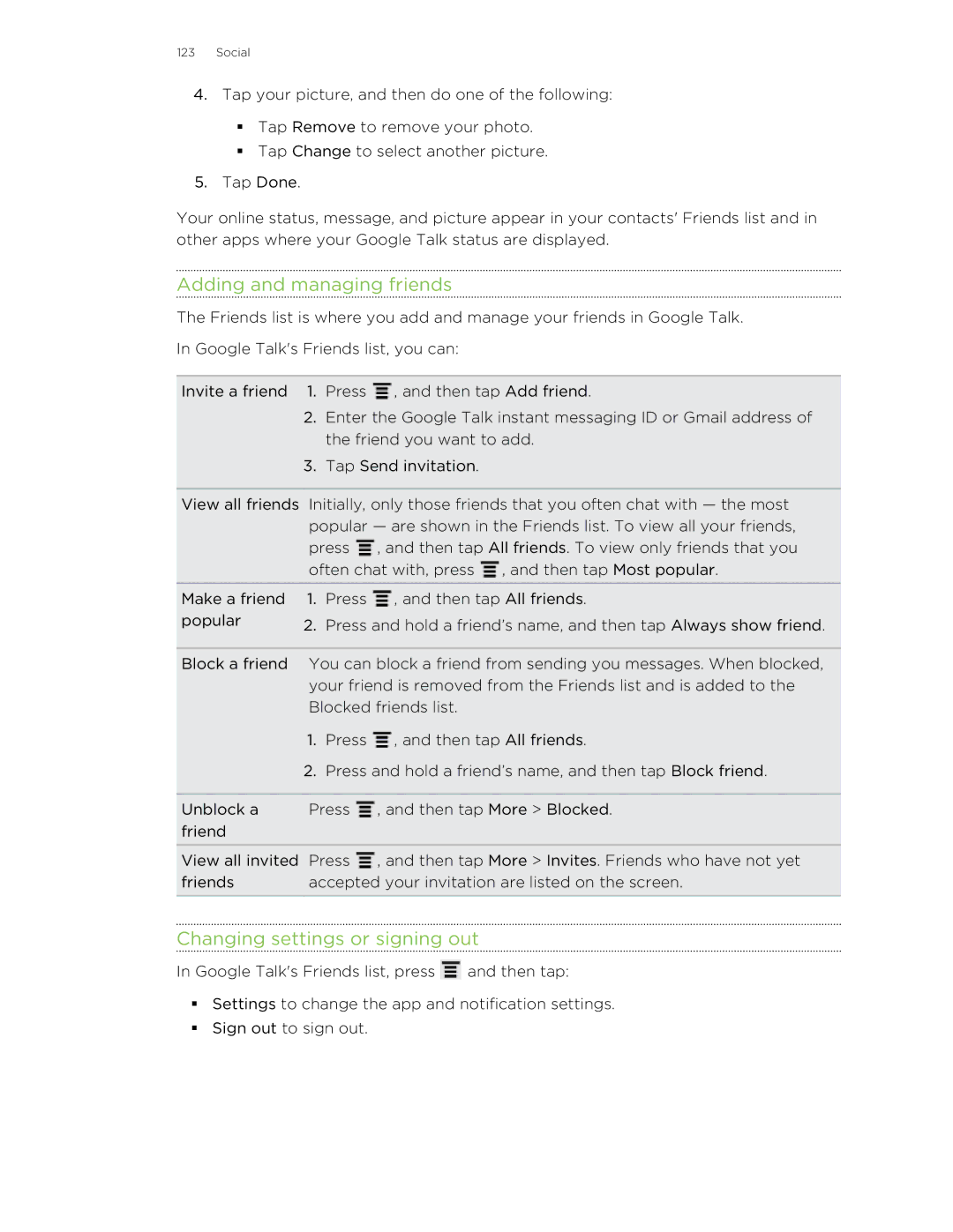 HTC HTCAmaze4GUnlockedBlack manual Adding and managing friends, Changing settings or signing out 