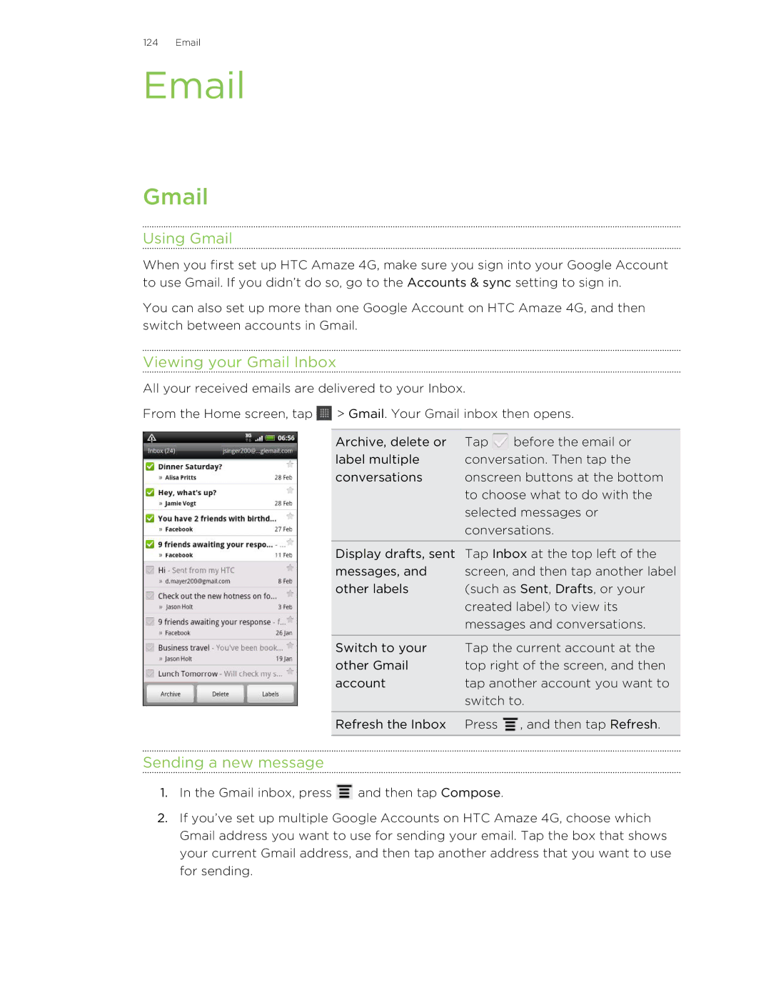 HTC HTCAmaze4GUnlockedBlack manual Using Gmail, Viewing your Gmail Inbox, Sending a new message 