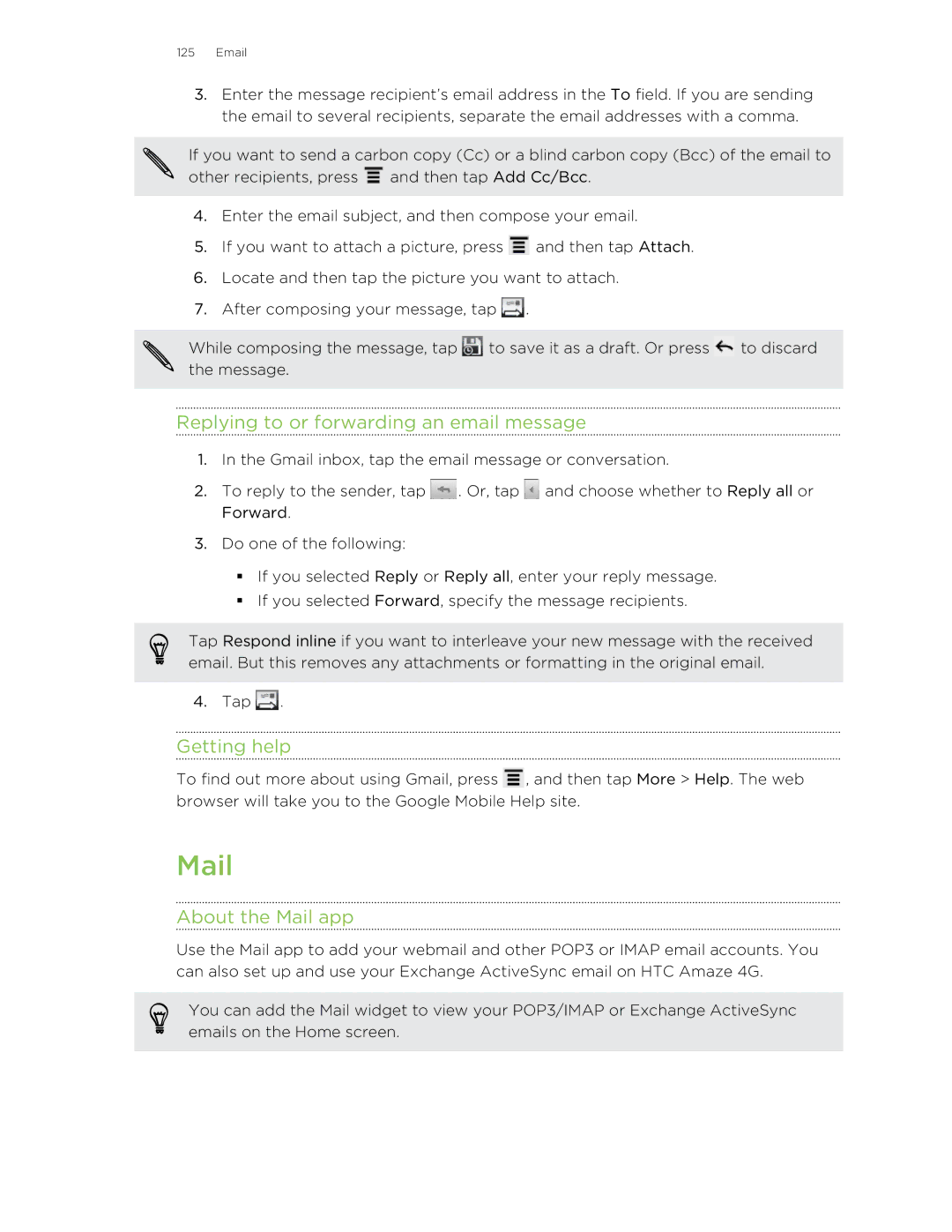 HTC HTCAmaze4GUnlockedBlack manual Replying to or forwarding an email message, Getting help, About the Mail app 