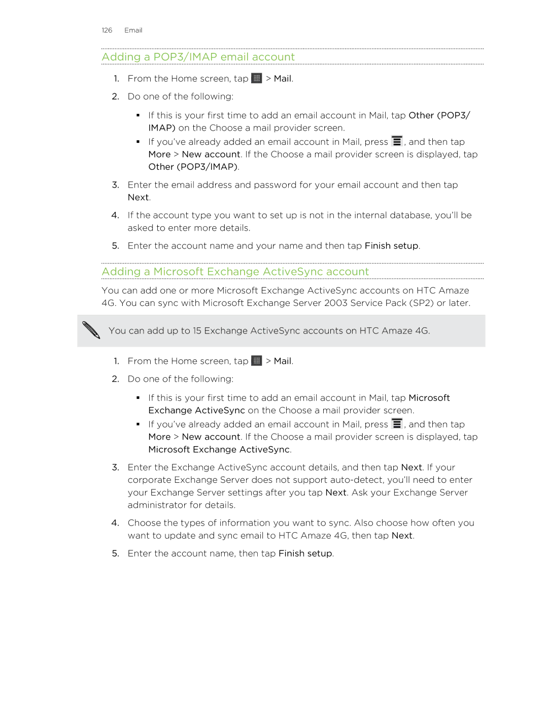 HTC HTCAmaze4GUnlockedBlack manual Adding a POP3/IMAP email account, Adding a Microsoft Exchange ActiveSync account 