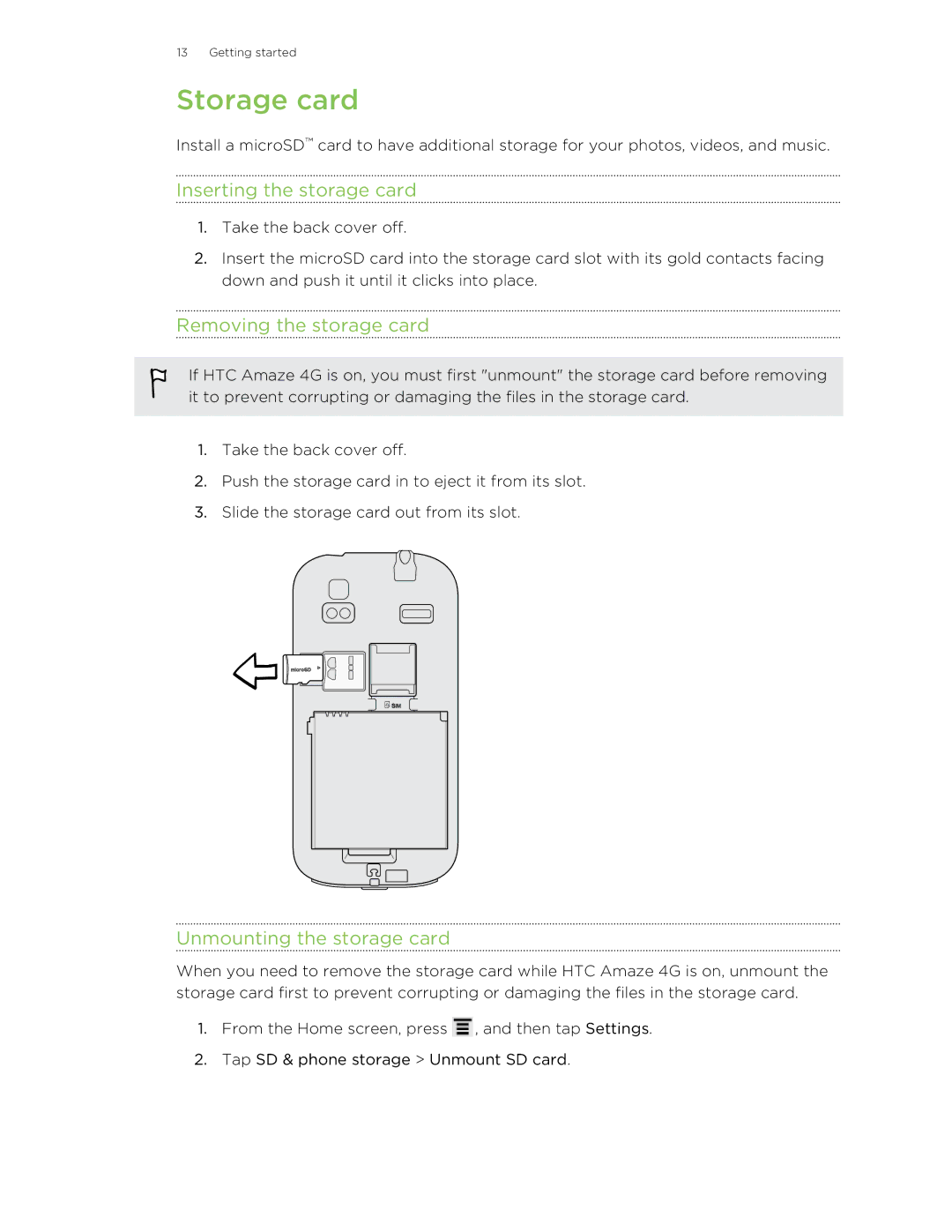 HTC HTCAmaze4GUnlockedBlack manual Storage card, Inserting the storage card, Removing the storage card 