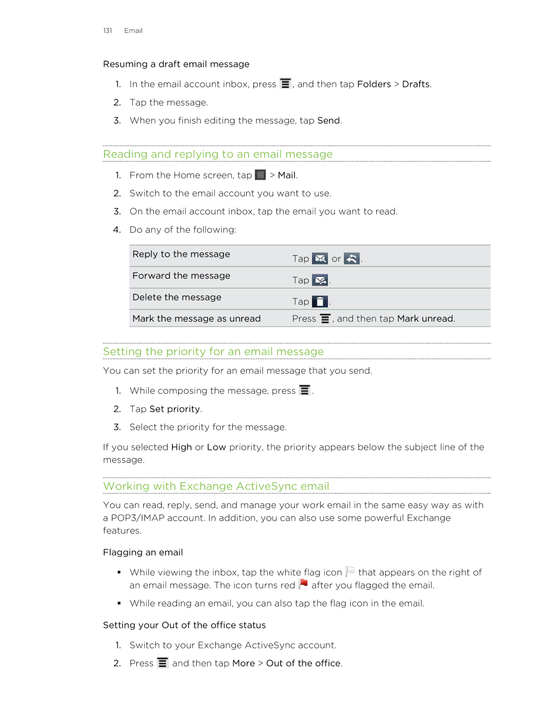 HTC HTCAmaze4GUnlockedBlack manual Reading and replying to an email message, Setting the priority for an email message 