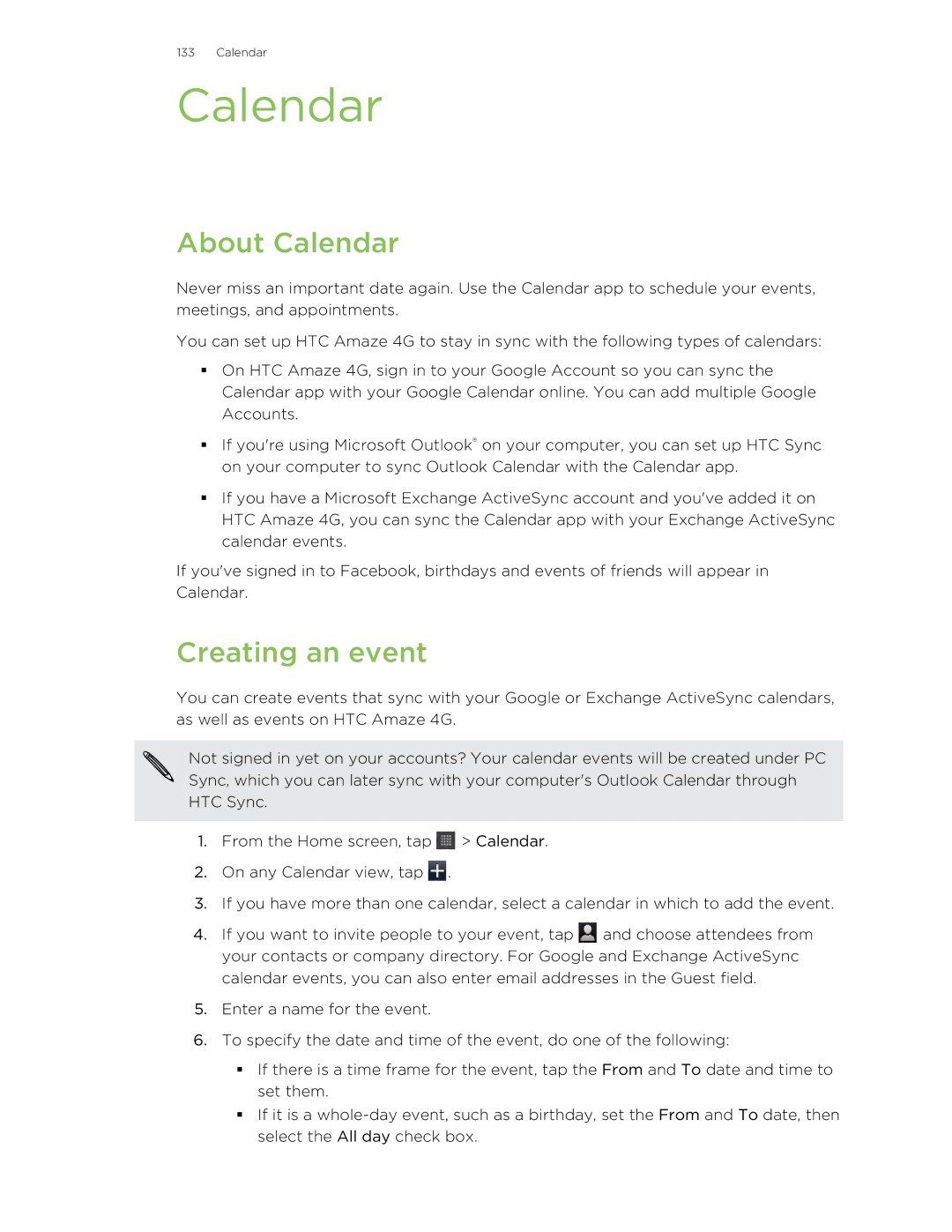 HTC HTCAmaze4GUnlockedBlack manual About Calendar, Creating an event 