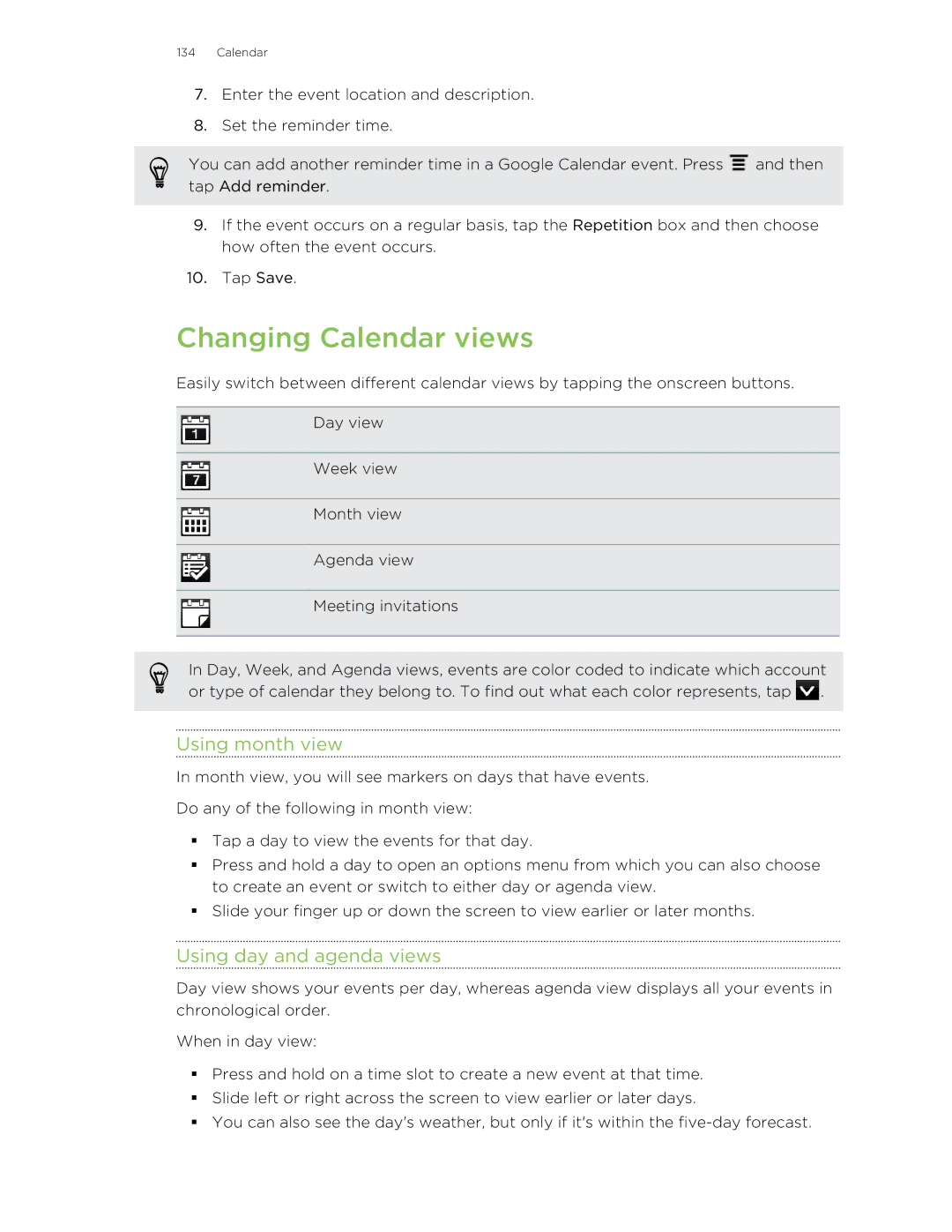 HTC HTCAmaze4GUnlockedBlack manual Changing Calendar views, Using month view, Using day and agenda views 