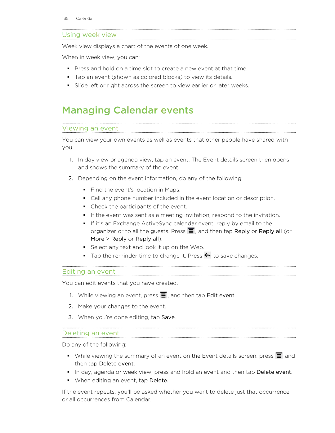 HTC HTCAmaze4GUnlockedBlack manual Managing Calendar events, Using week view, Viewing an event, Editing an event 