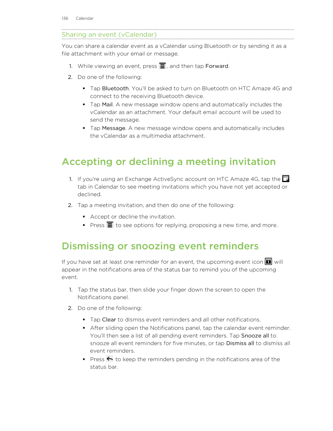 HTC HTCAmaze4GUnlockedBlack manual Accepting or declining a meeting invitation, Dismissing or snoozing event reminders 