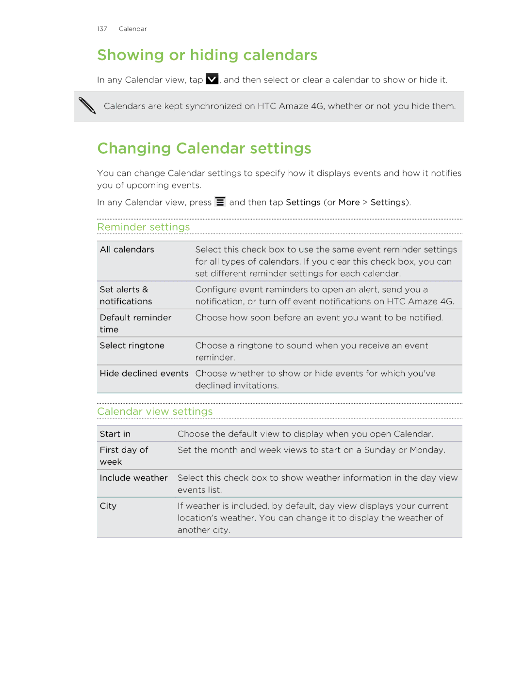 HTC HTCAmaze4GUnlockedBlack manual Showing or hiding calendars, Changing Calendar settings, Reminder settings 