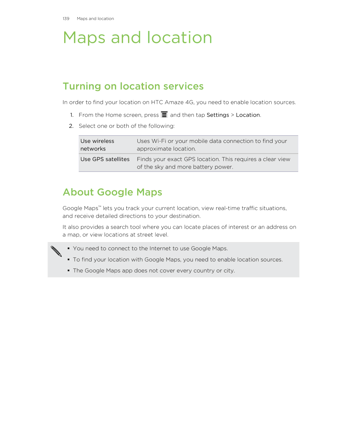 HTC HTCAmaze4GUnlockedBlack manual Maps and location, Turning on location services, About Google Maps 