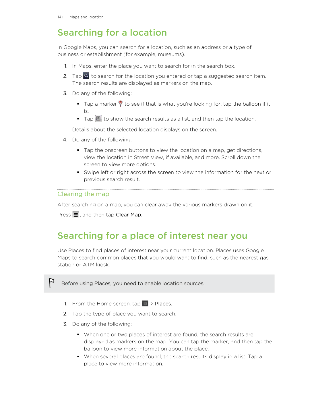 HTC HTCAmaze4GUnlockedBlack manual Searching for a location, Searching for a place of interest near you, Clearing the map 
