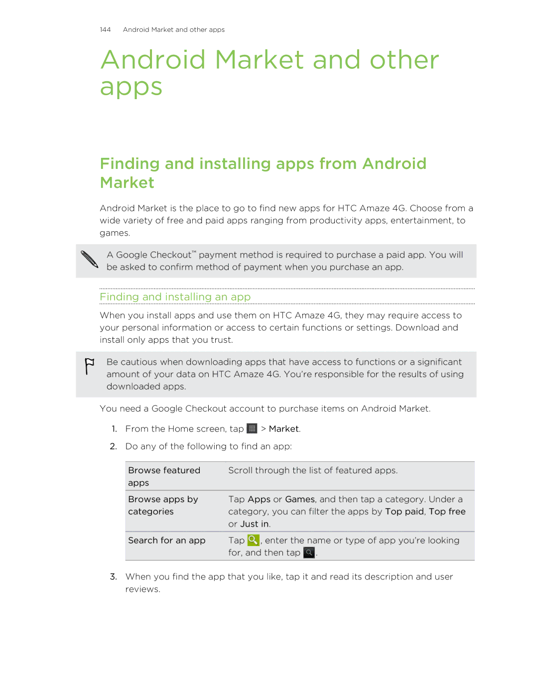 HTC HTCAmaze4GUnlockedBlack manual Android Market and other apps, Finding and installing apps from Android Market 