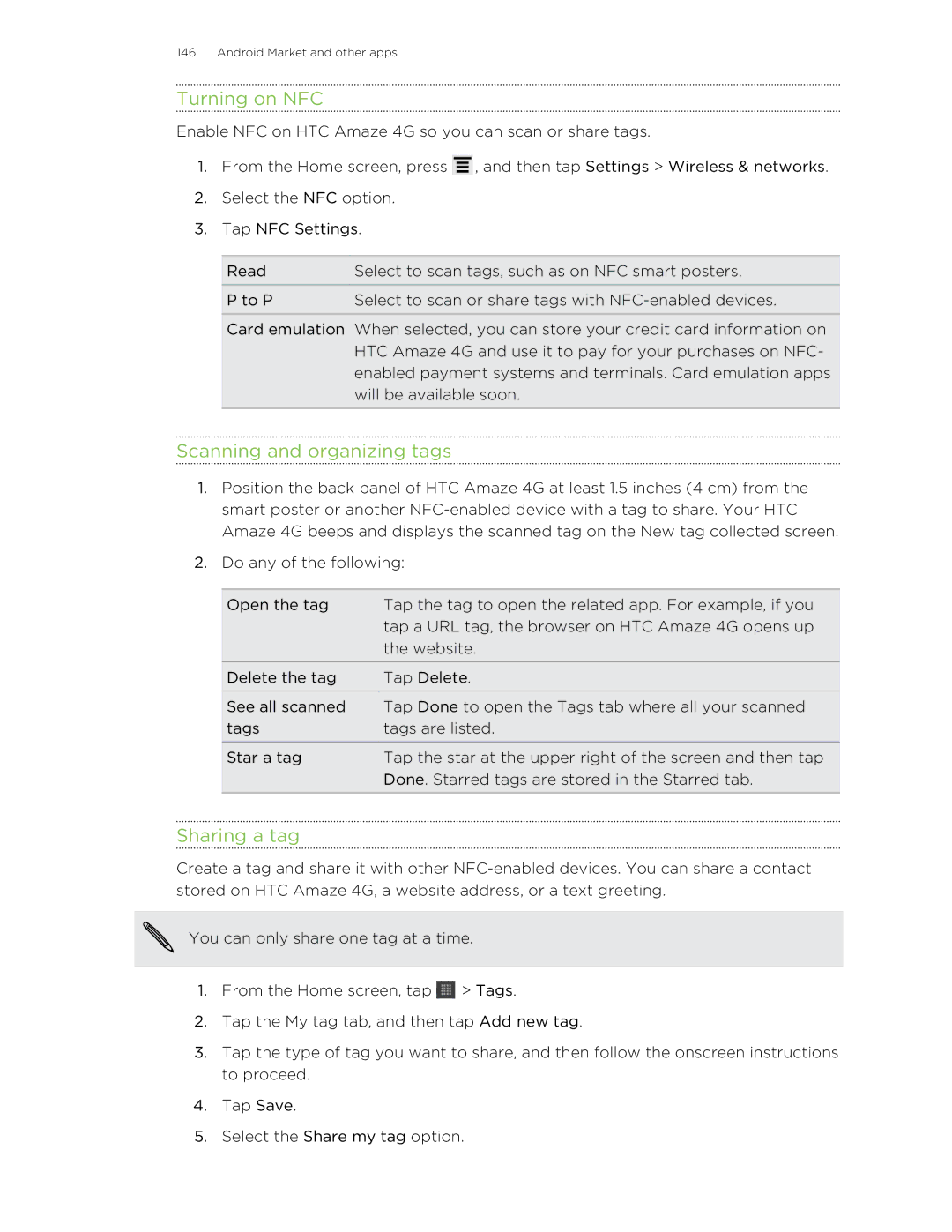 HTC HTCAmaze4GUnlockedBlack manual Turning on NFC, Scanning and organizing tags, Sharing a tag 