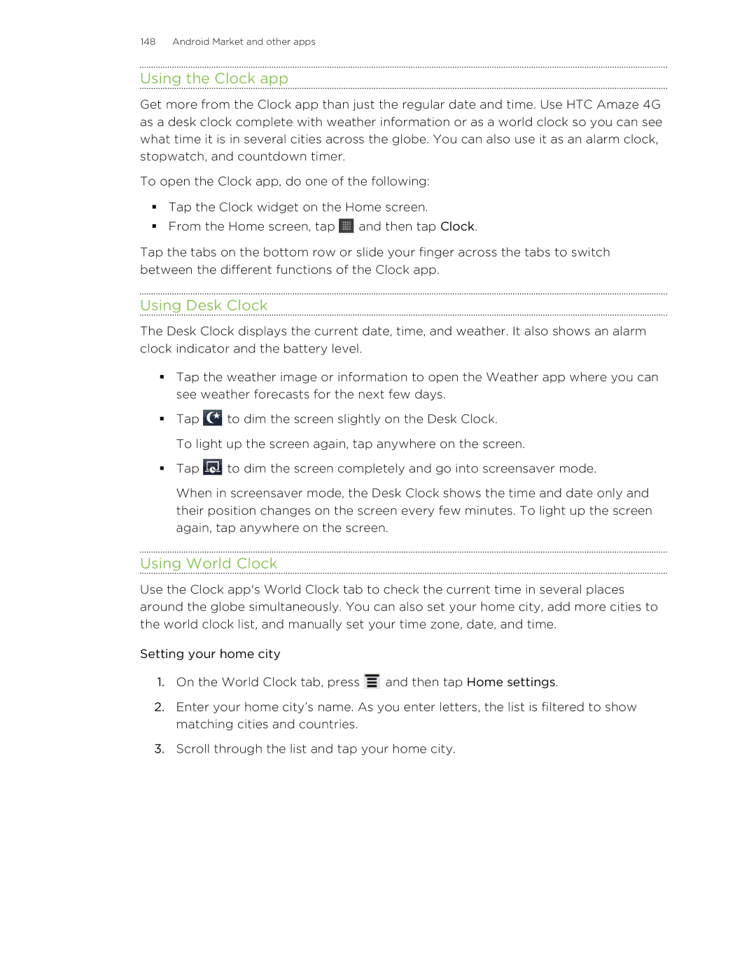 HTC HTCAmaze4GUnlockedBlack manual Using the Clock app, Using Desk Clock, Using World Clock 