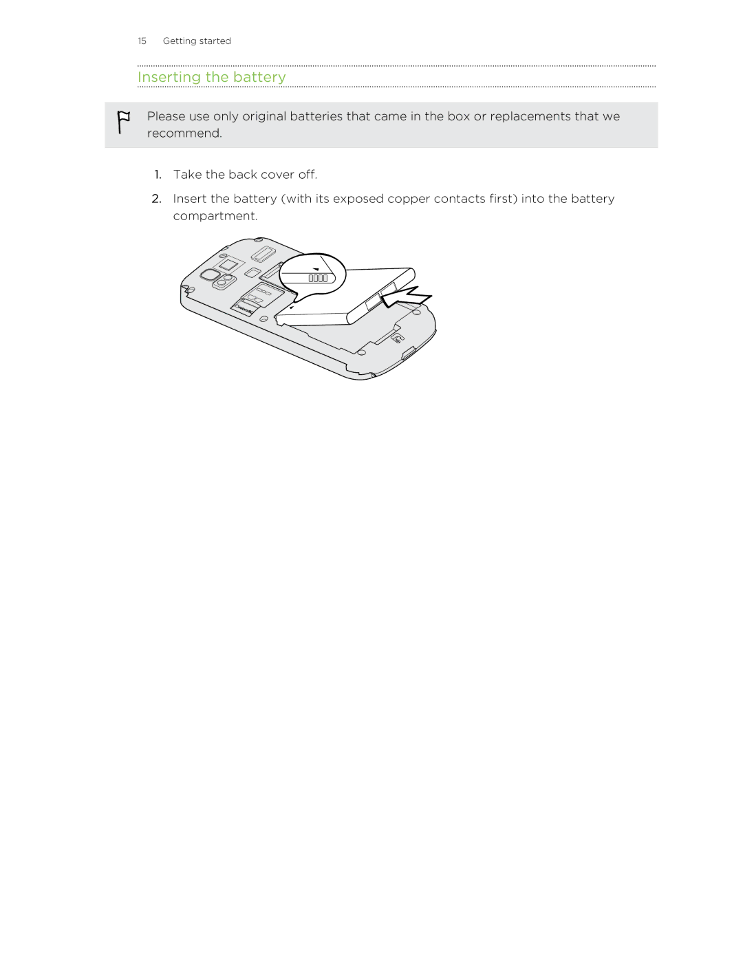 HTC HTCAmaze4GUnlockedBlack manual Inserting the battery 