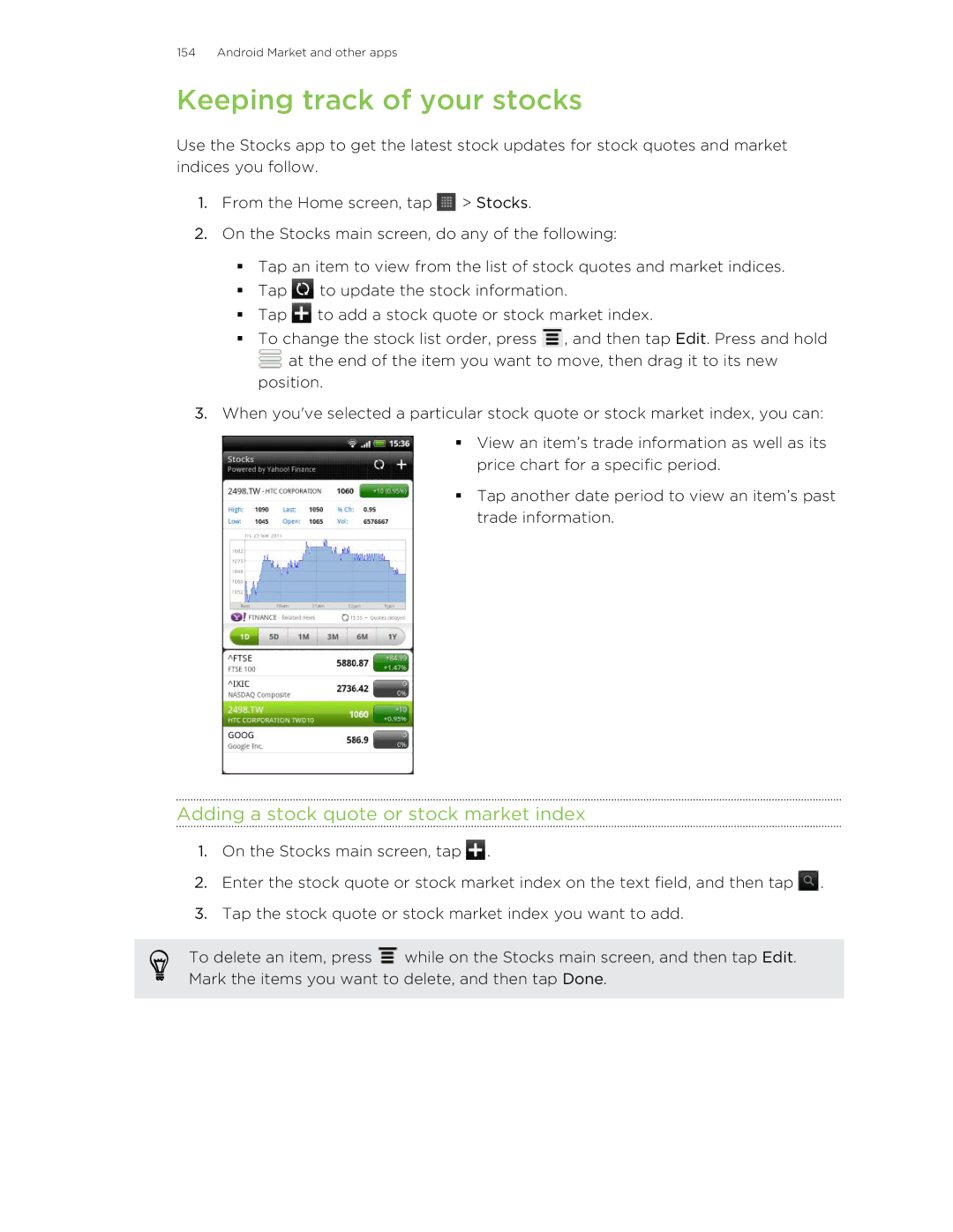 HTC HTCAmaze4GUnlockedBlack manual Keeping track of your stocks, Adding a stock quote or stock market index 