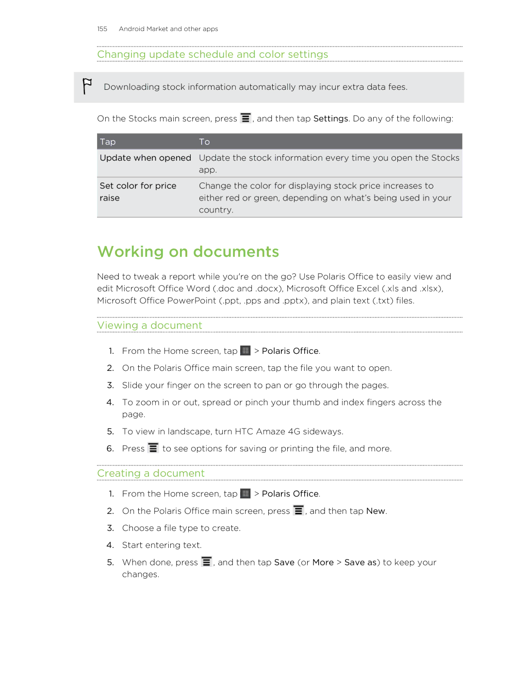 HTC HTCAmaze4GUnlockedBlack manual Working on documents, Changing update schedule and color settings, Viewing a document 