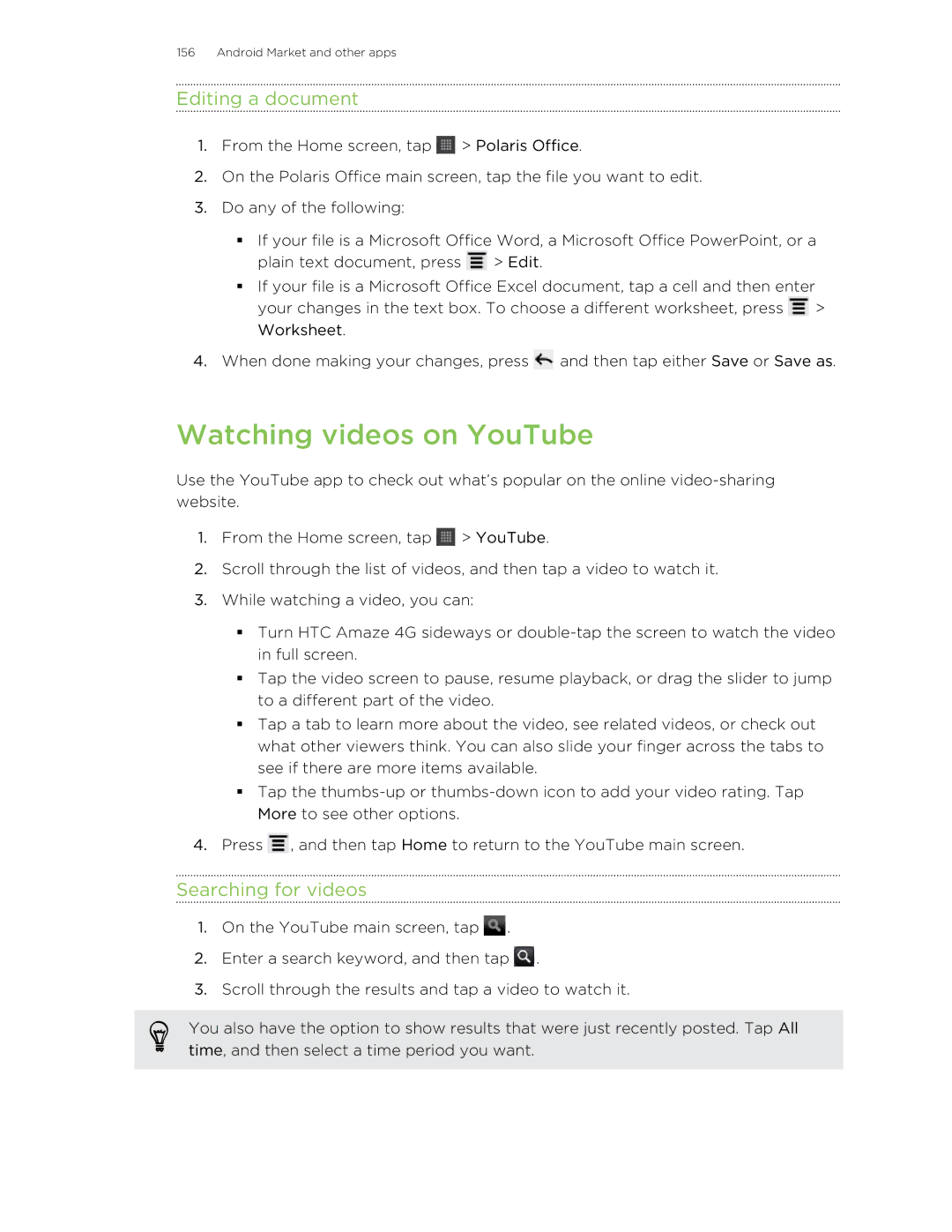 HTC HTCAmaze4GUnlockedBlack manual Watching videos on YouTube, Editing a document, Searching for videos 