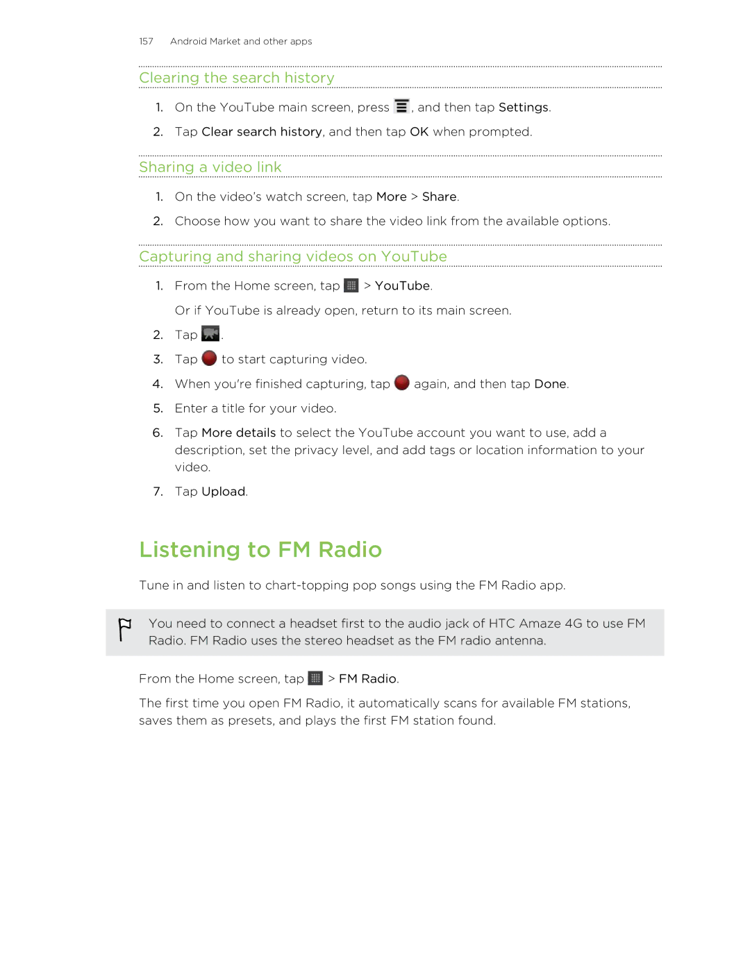 HTC HTCAmaze4GUnlockedBlack manual Listening to FM Radio, Clearing the search history, Sharing a video link 