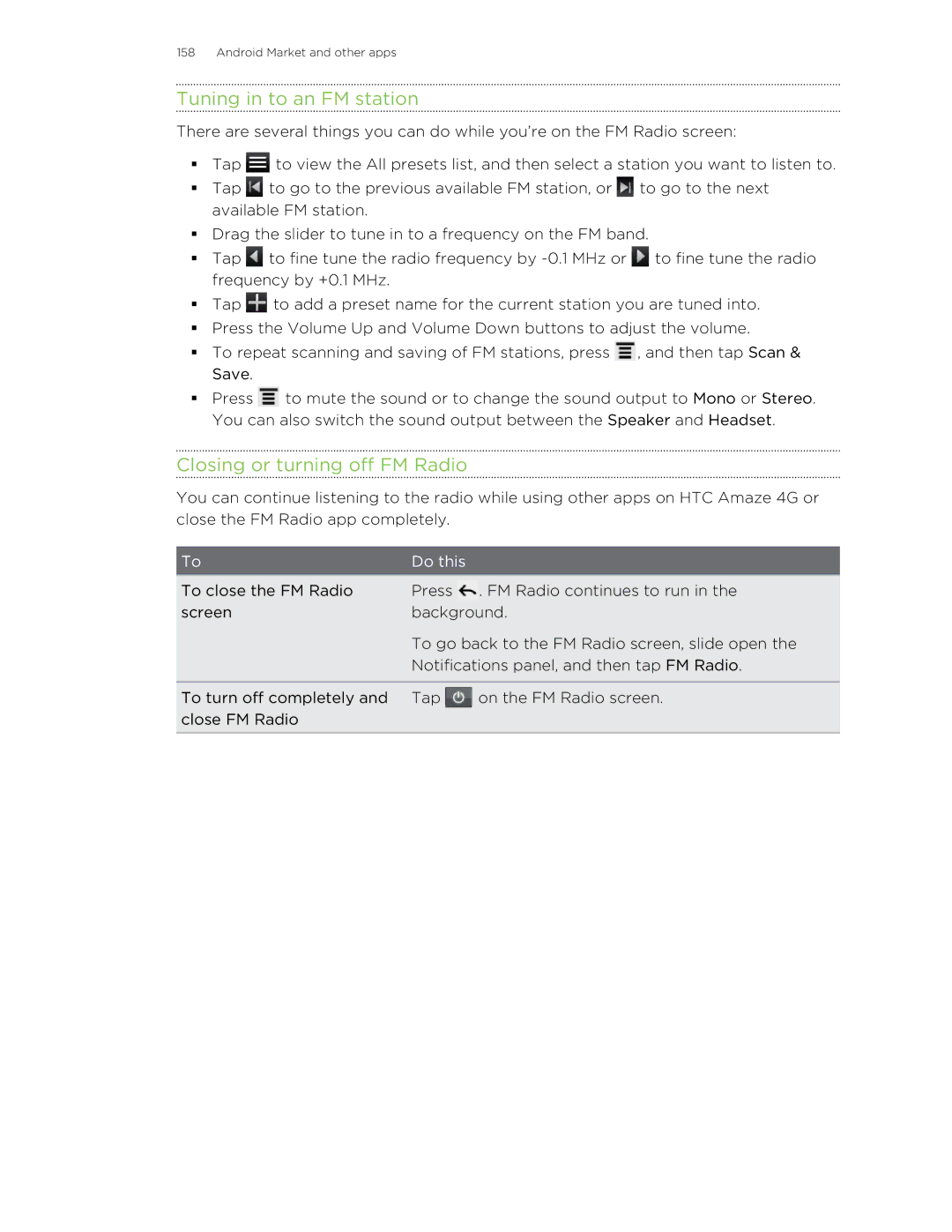 HTC HTCAmaze4GUnlockedBlack manual Tuning in to an FM station, Closing or turning off FM Radio 